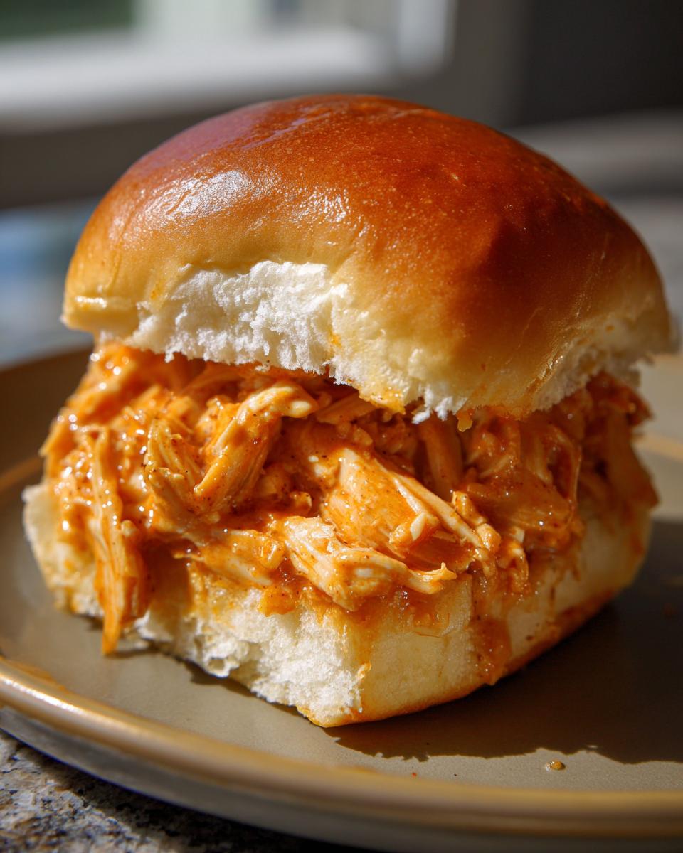 A close-up shot of one fully assembled buffalo chicken sliders on a small plate, featuring shredded chicken in orange sauce on a brioche bun.