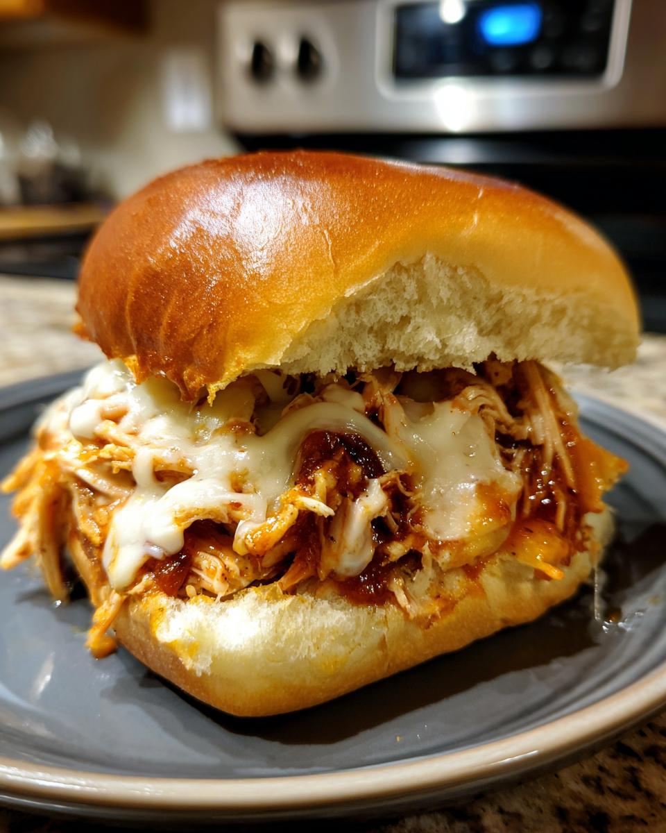 Close-up of a delicious buffalo chicken sliders sandwich overflowing with shredded chicken and melted white cheese on a brioche bun.