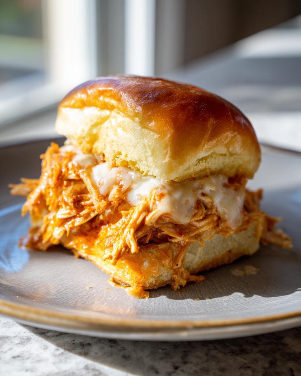 Close-up of a single buffalo chicken sliders sandwich filled with shredded chicken and melted white cheese on a shiny bun.