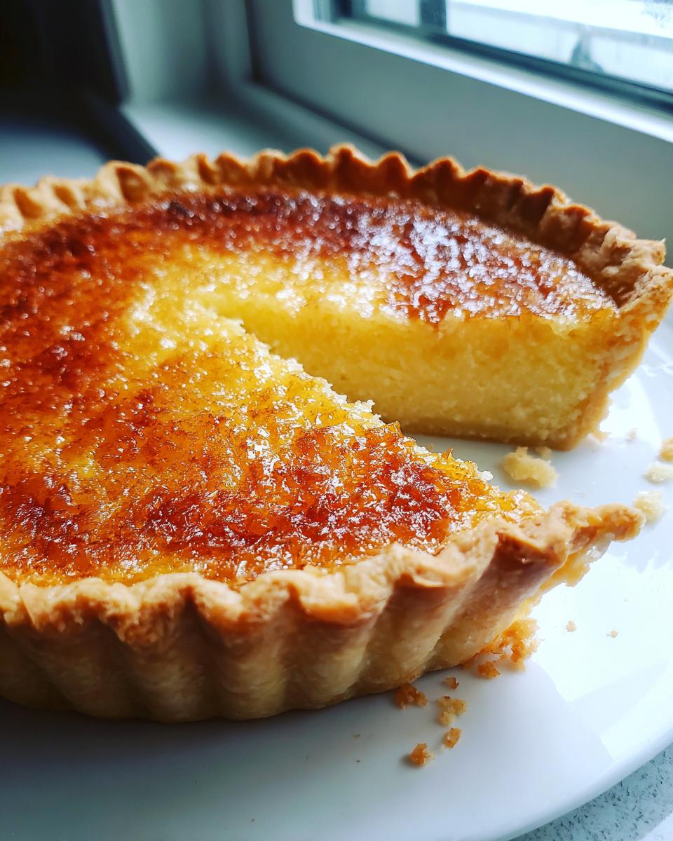 Close-up of a golden-brown buttermilk pie with a slice removed, showing the creamy yellow filling.
