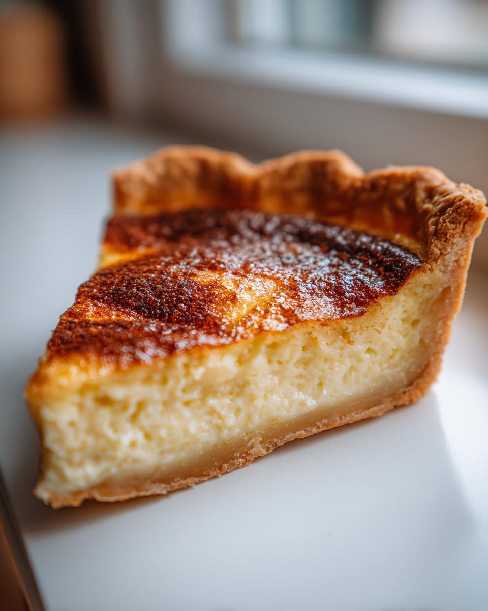 A close-up slice of creamy buttermilk pie showing the golden-brown, slightly caramelized top and flaky crust.