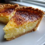 Close-up of a slice of buttermilk pie showing the creamy, textured filling and deeply browned top crust.