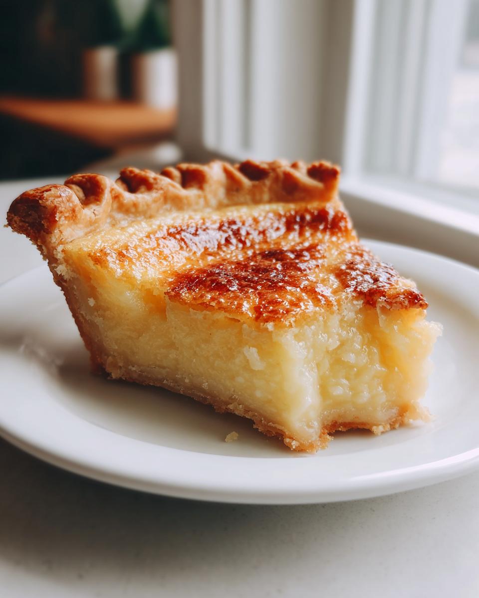 A close-up of a rich, creamy slice of buttermilk pie with a beautifully browned, caramelized top.