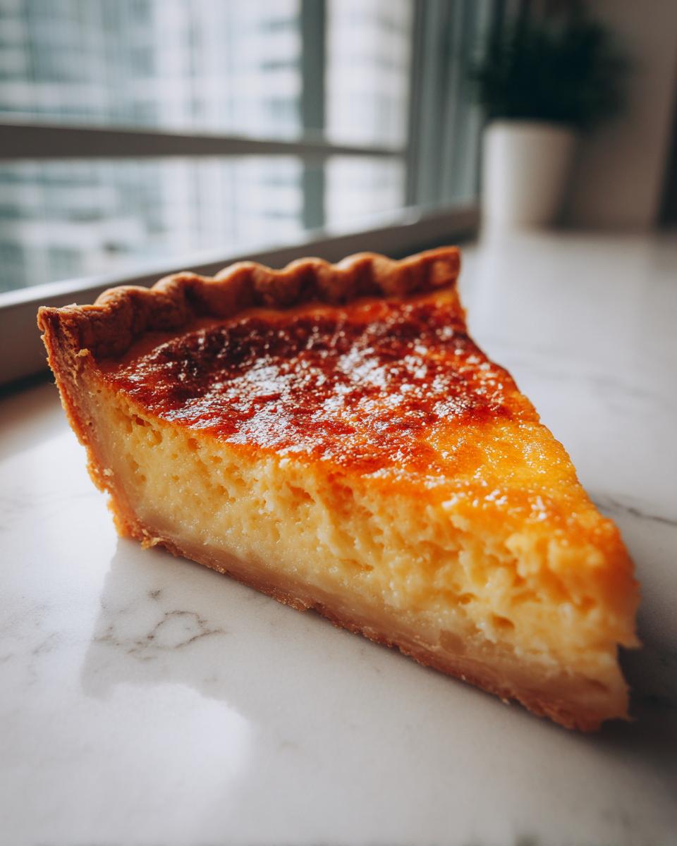 A close-up slice of rich, golden-brown buttermilk pie resting on a white marble surface.