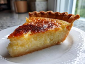 A close-up slice of creamy buttermilk pie showing the textured filling and deeply caramelized top crust.
