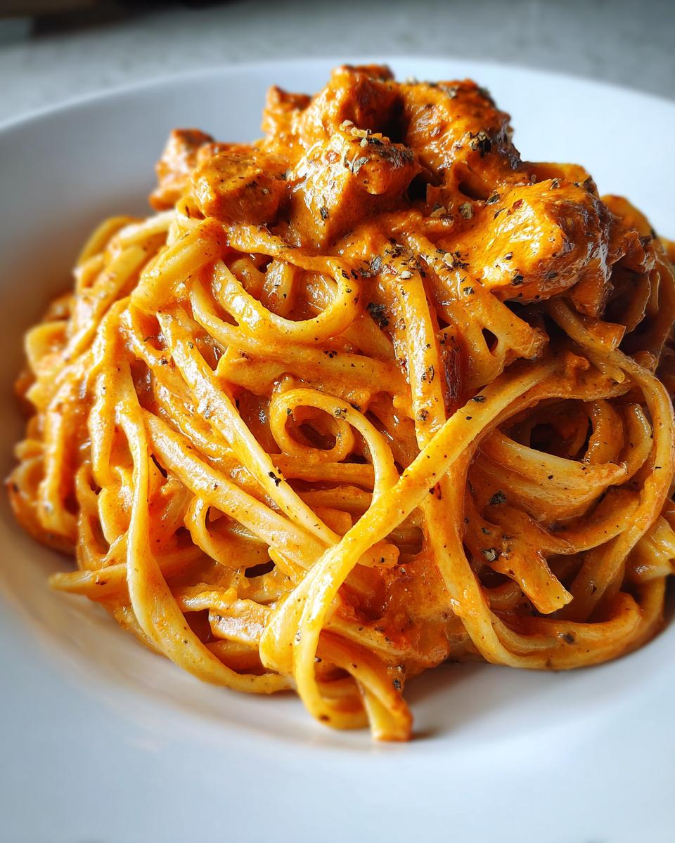 Close-up of creamy Cajun chicken pasta featuring linguine coated in a rich, orange sauce with visible chicken pieces.