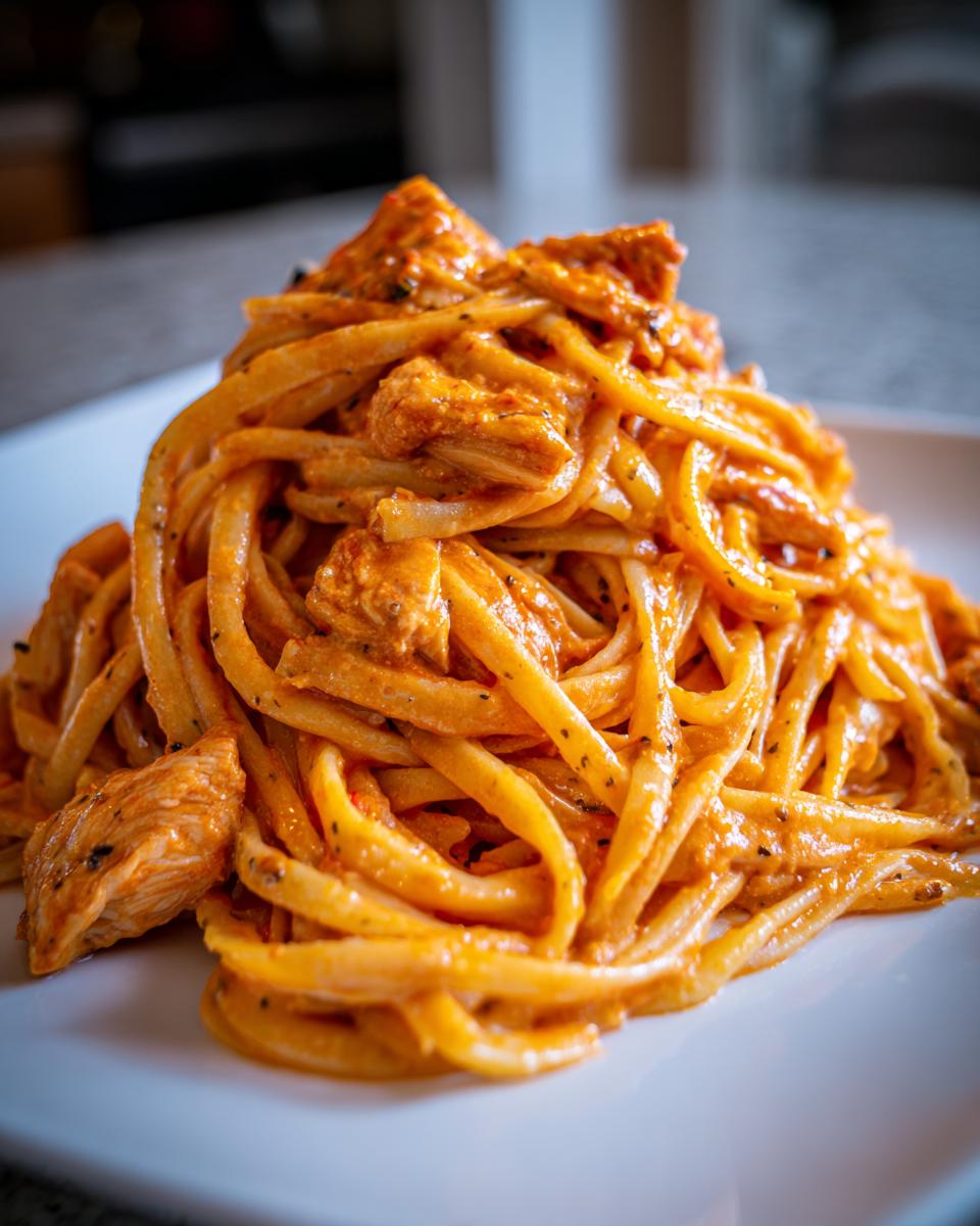 A close-up, vertical shot of a generous serving of creamy cajun chicken pasta piled high on a white plate.