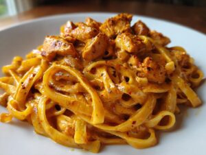 Close-up of creamy Cajun chicken pasta featuring fettuccine noodles coated in an orange, spicy sauce with chunks of seasoned chicken.