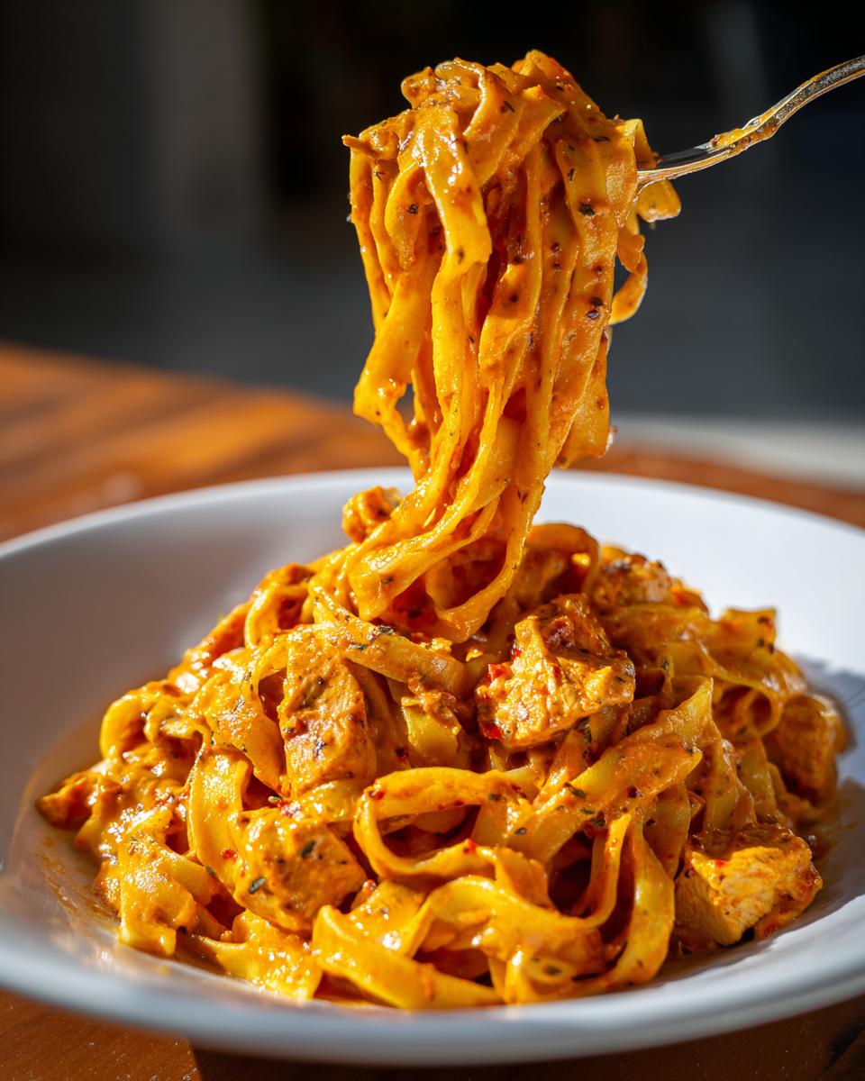 A fork lifts a twirl of fettuccine coated in creamy sauce from a bowl of Cajun chicken pasta.