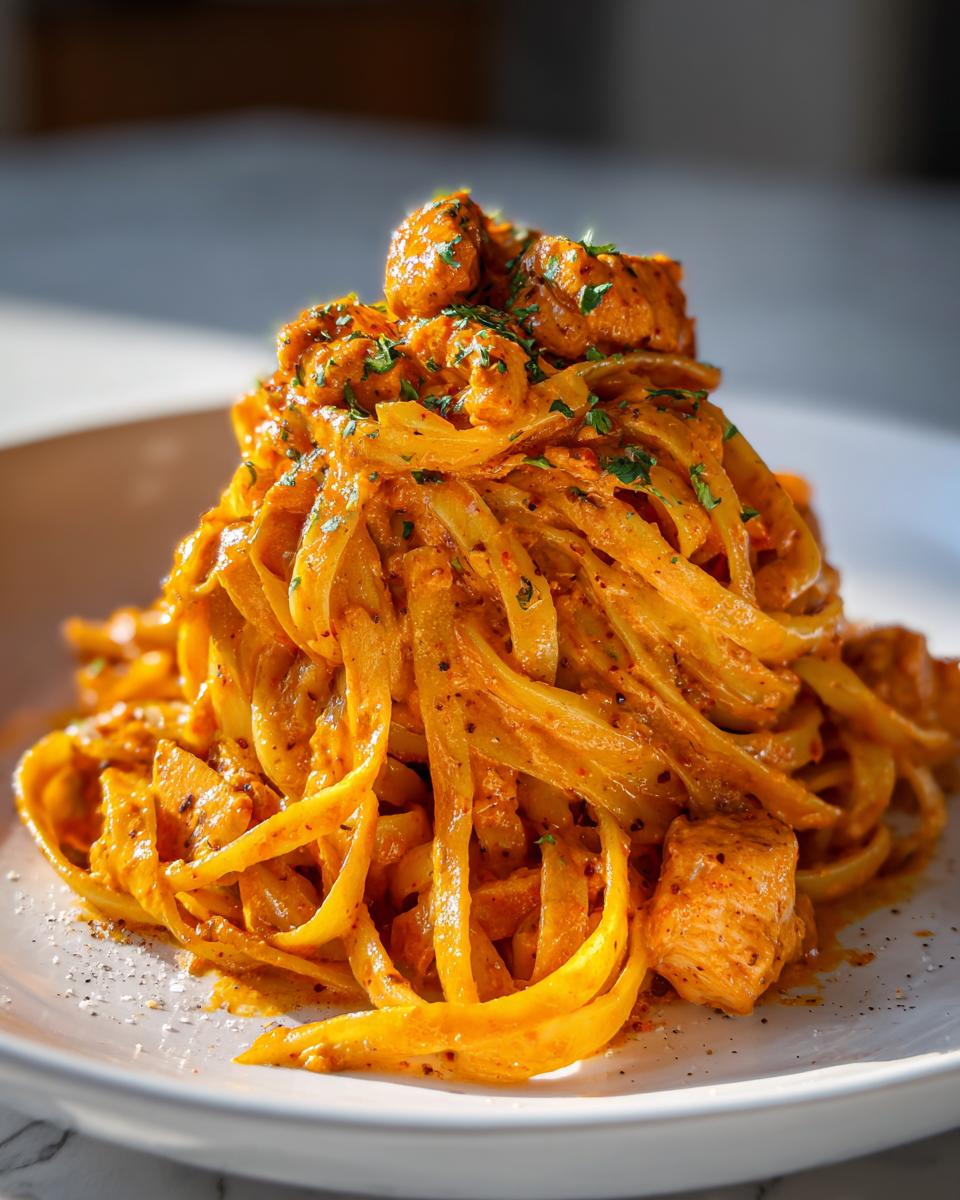 A tall mound of fettuccine coated in creamy, orange Cajun sauce with chunks of chicken, served on a white plate.