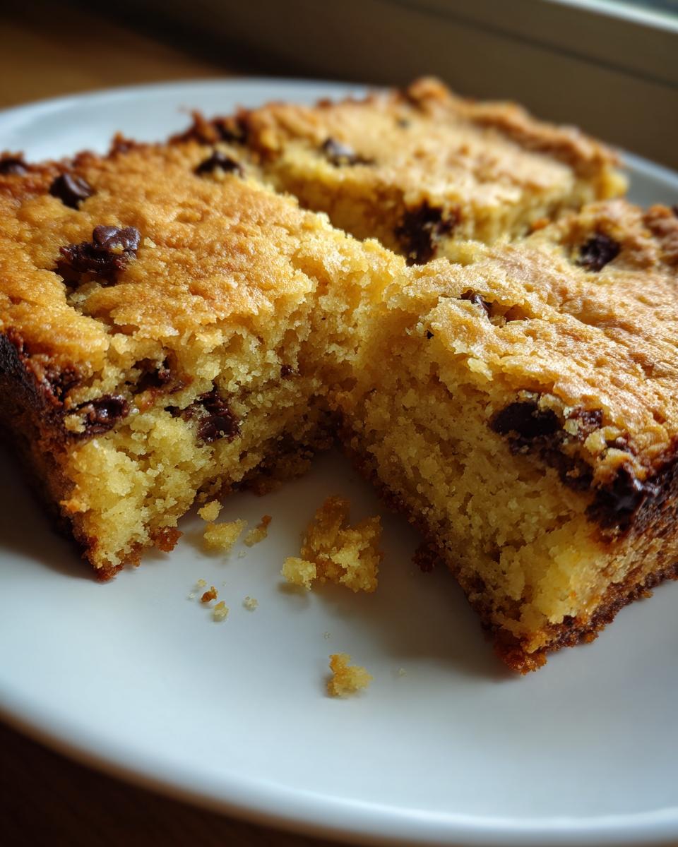 Close-up of a soft, golden cake mix cookie bars piece broken open, showing chocolate chips and a moist interior.