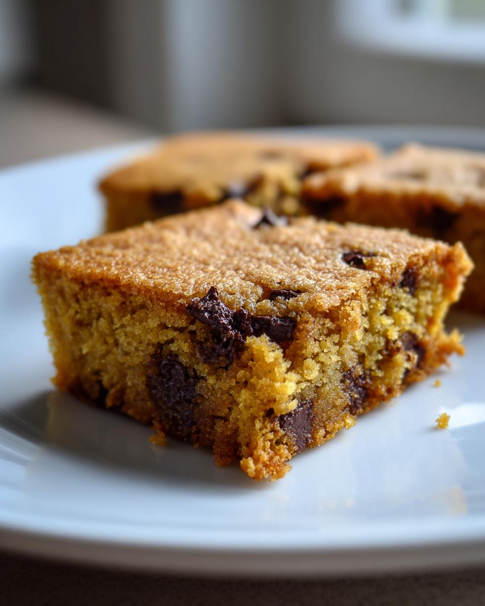A close-up, soft-focus shot of a square piece of cake mix cookie bars loaded with chocolate chips on a white plate.