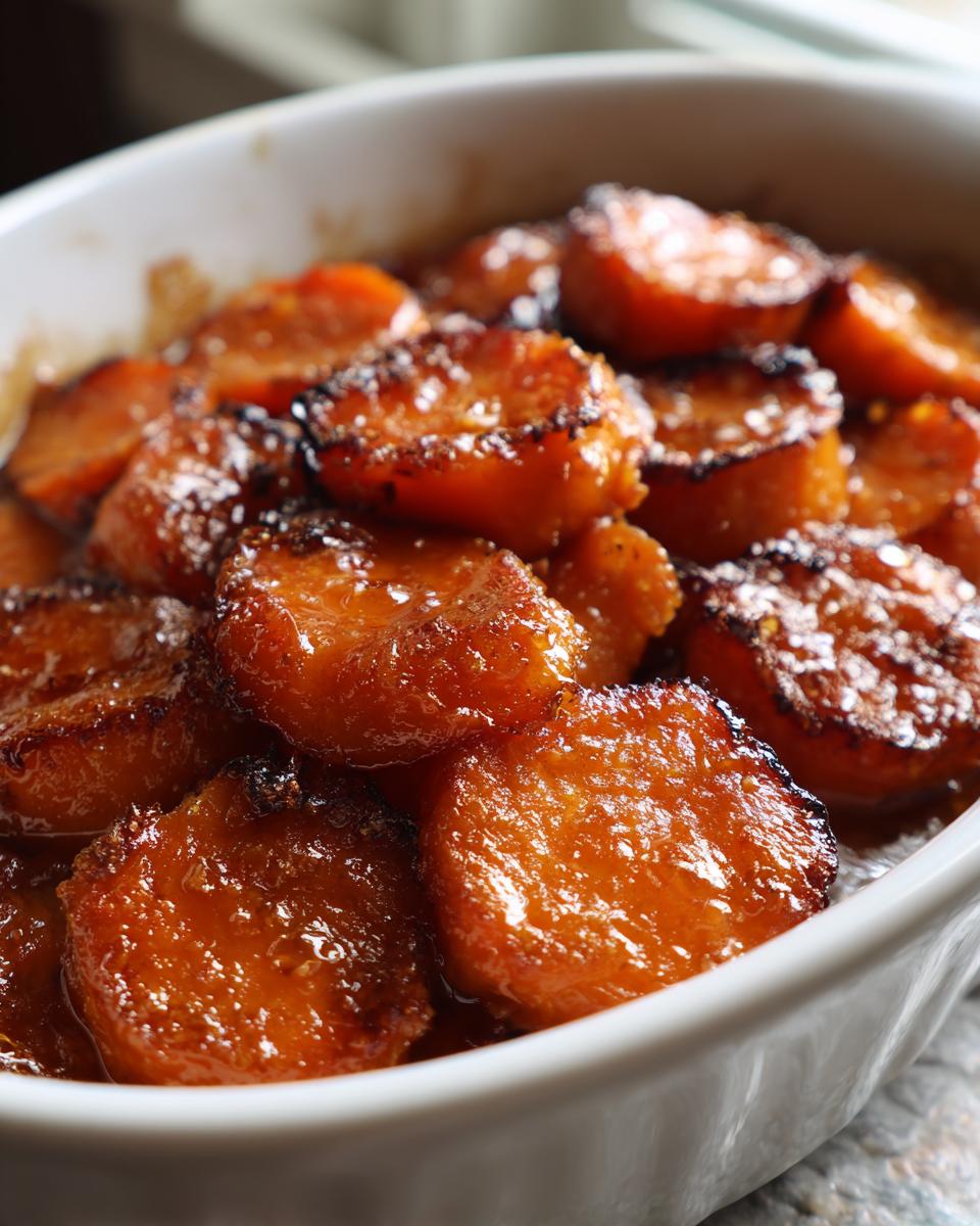 Close-up of glossy, caramelized candied sweet potatoes slices served in a white baking dish.
