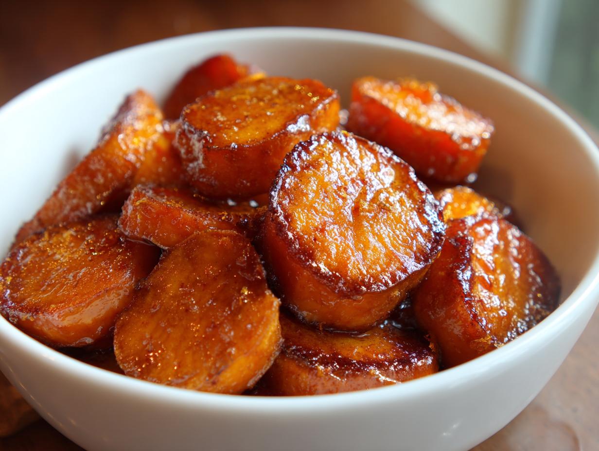 Close-up of thick-cut, glazed candied sweet potatoes glistening in a white serving bowl.