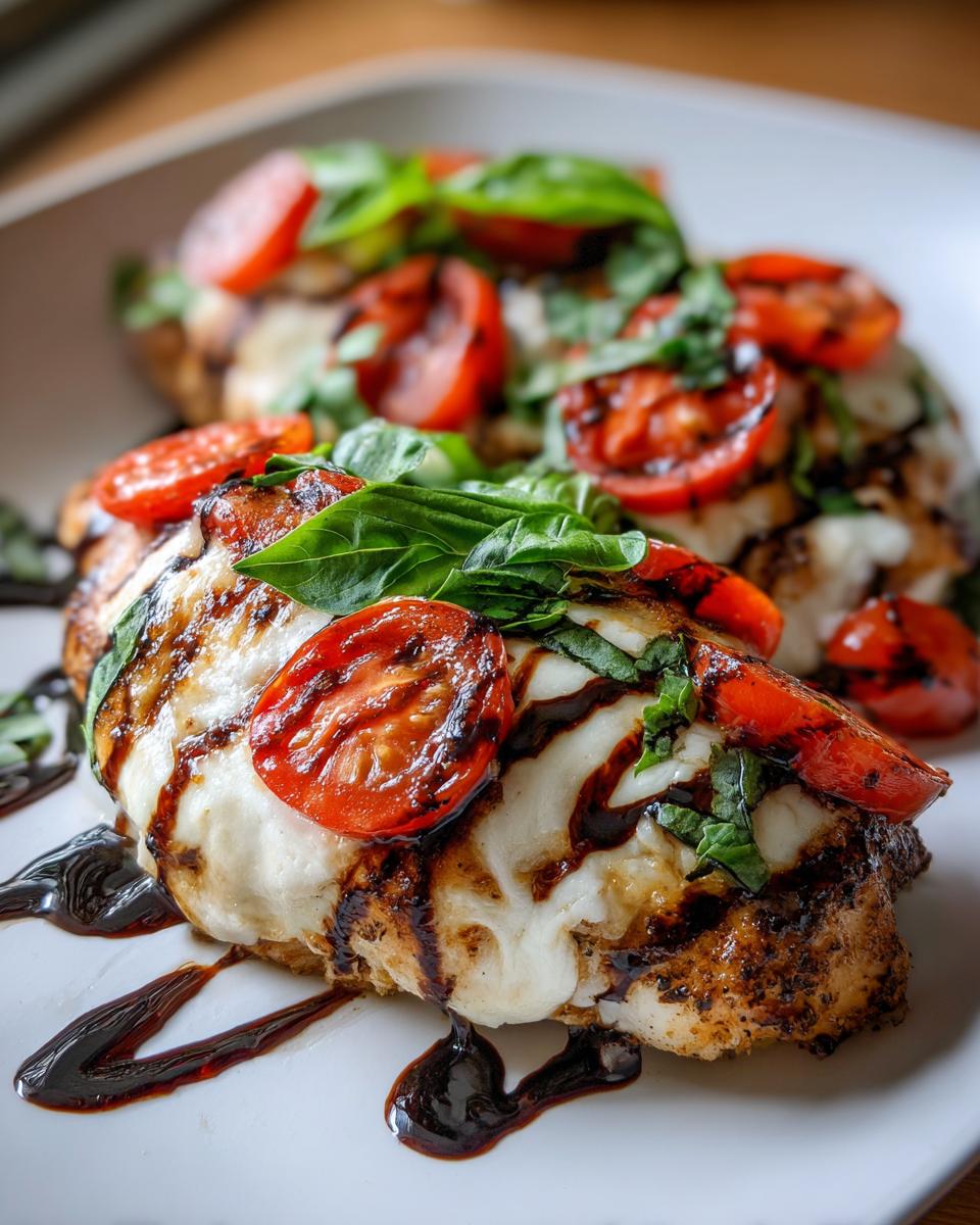 Close-up of grilled caprese chicken topped with melted mozzarella, sliced tomatoes, fresh basil, and balsamic glaze.