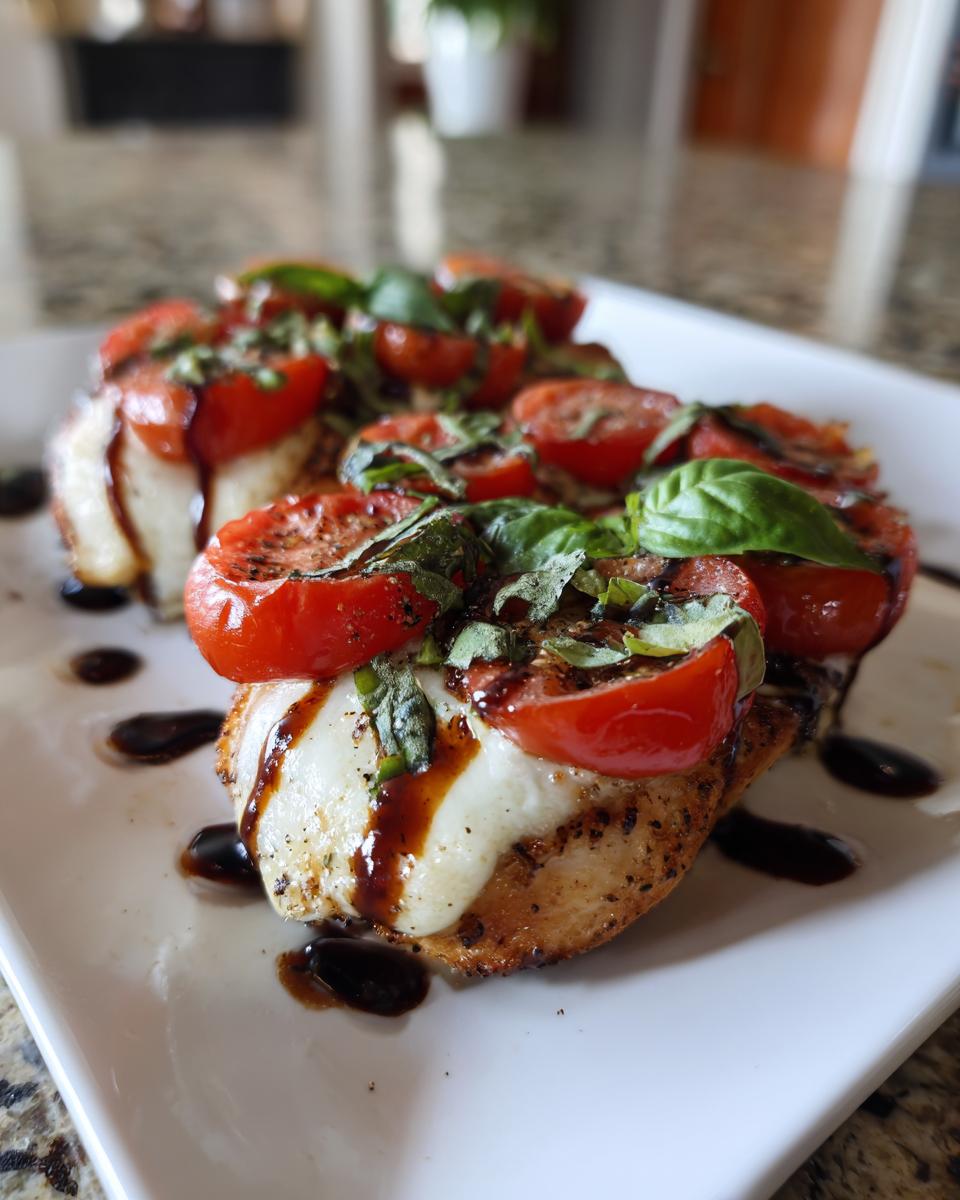 Close-up of two grilled caprese chicken bites topped with melted mozzarella, roasted tomatoes, and fresh basil, drizzled with balsamic glaze.