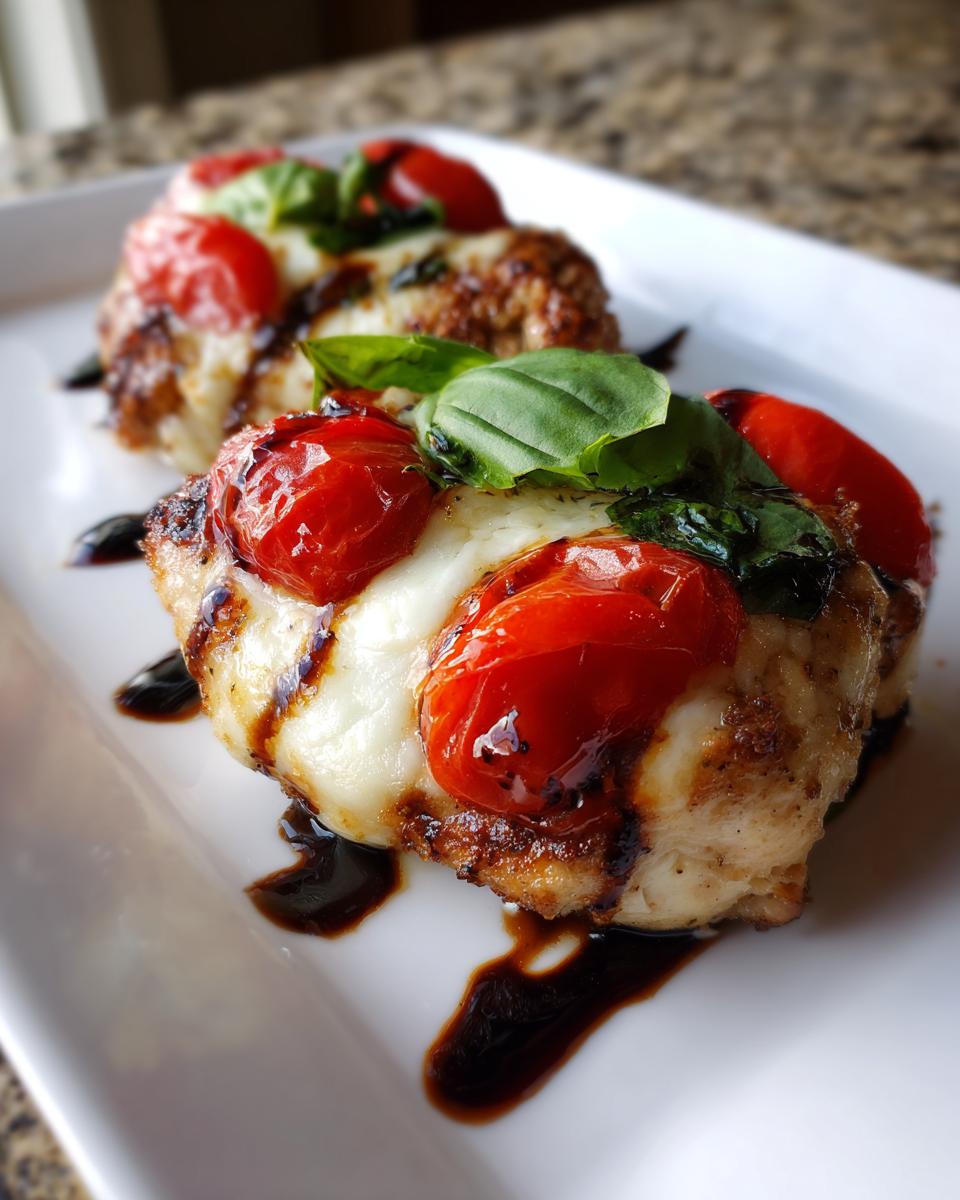 Close-up of two delicious caprese chicken bites topped with melted mozzarella, cherry tomatoes, and fresh basil, drizzled with balsamic glaze.