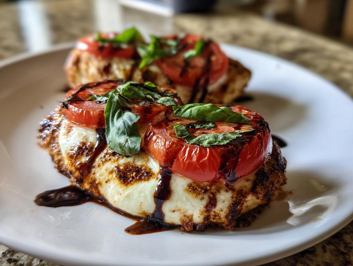 Two servings of grilled caprese chicken bites topped with melted mozzarella, tomato slices, and fresh basil.