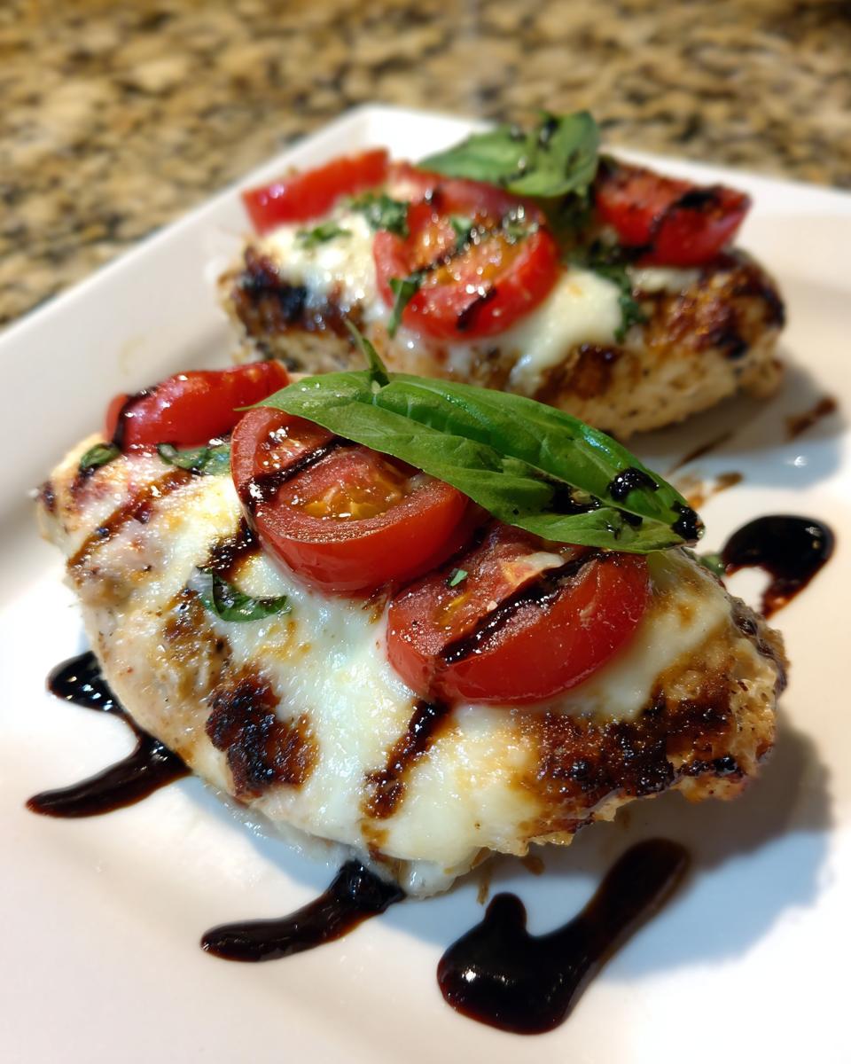 Two servings of grilled caprese chicken bites topped with melted mozzarella, cherry tomatoes, and fresh basil.