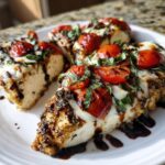 Close-up of several portions of baked caprese chicken topped with melted mozzarella, roasted tomatoes, fresh basil, and balsamic glaze.