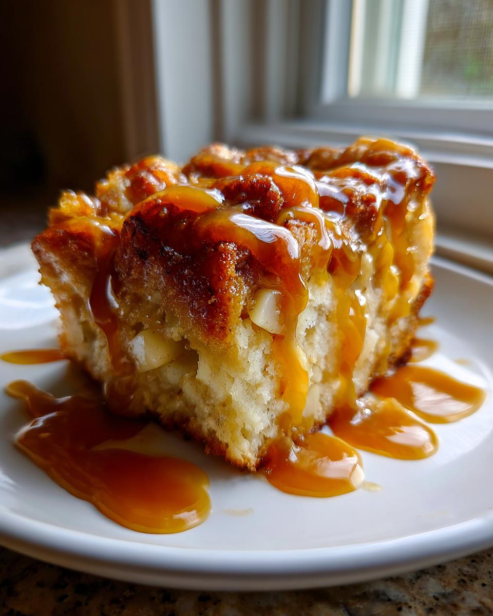 A close-up of a square slice of apple bread pudding topped generously with rich caramel sauce.