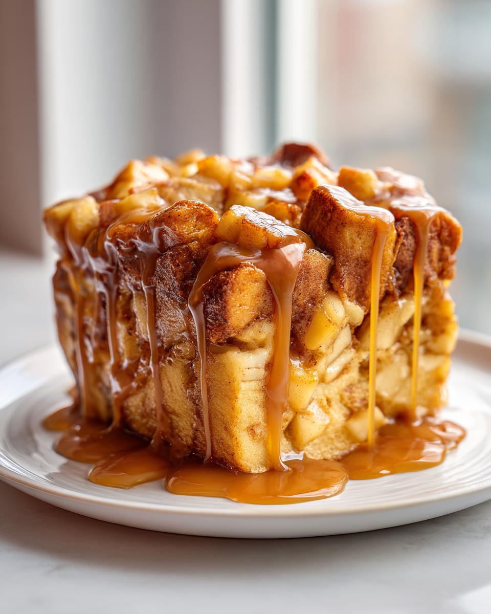 A tall serving of apple bread pudding generously covered in dripping caramel sauce on a white plate.