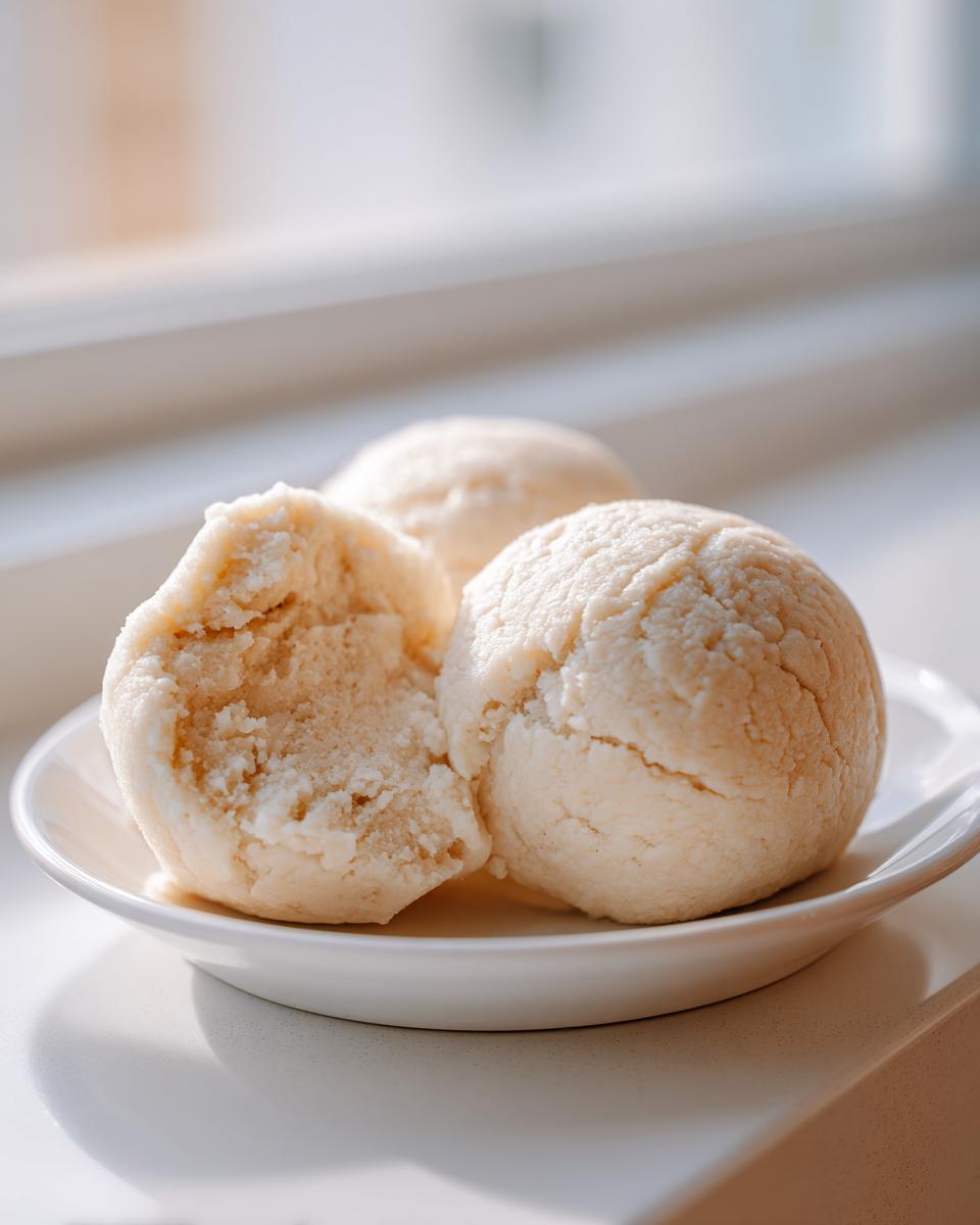 Three scoops of soft, pale cassava fufu served on a small white plate, one scoop broken open.