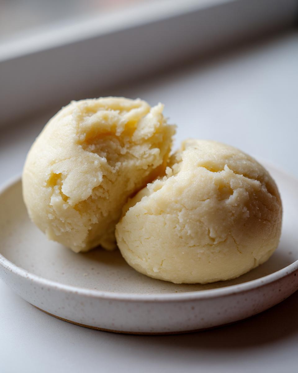 Two smooth, pale yellow balls of freshly made cassava fufu resting on a speckled ceramic plate.