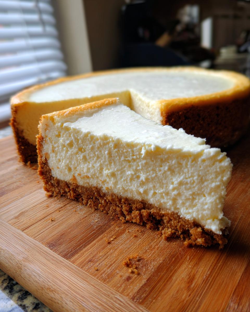 A thick slice of creamy cheesecake with a graham cracker crust, next to the rest of the cheesecake recipe.