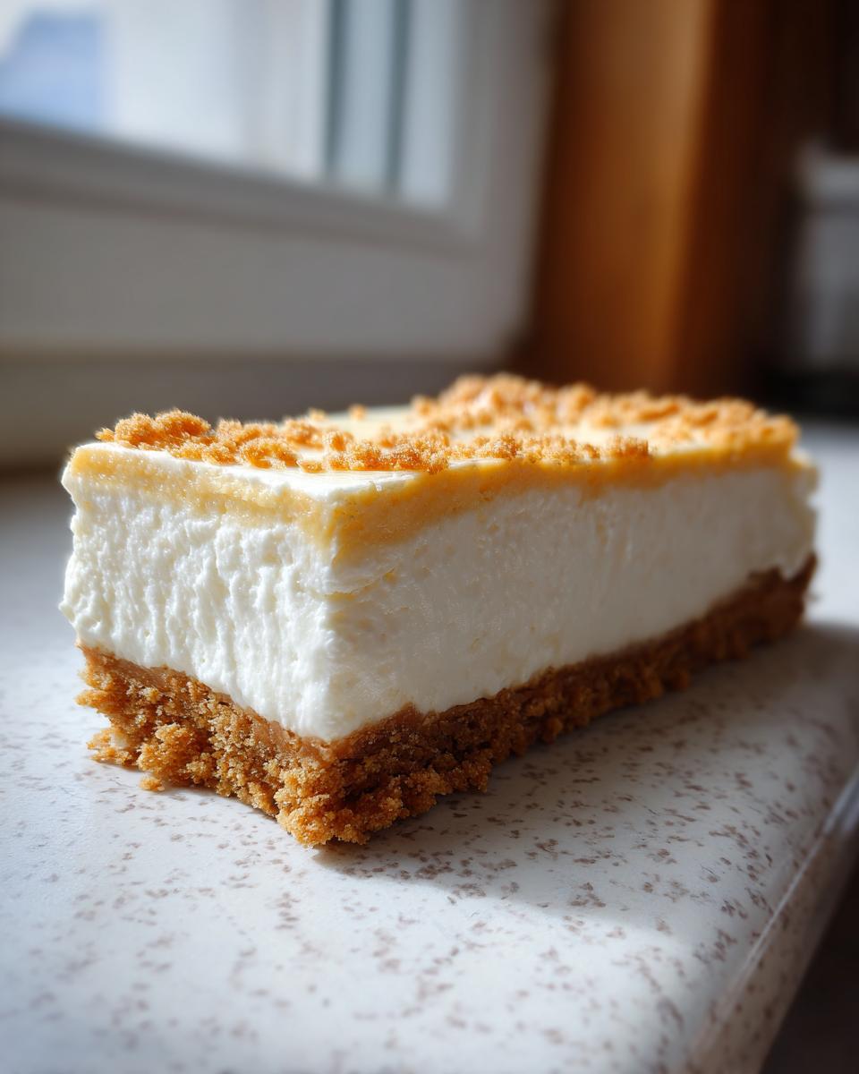 A thick, creamy slice of no-bake cheesecake recipe with a graham cracker crust and crumb topping.