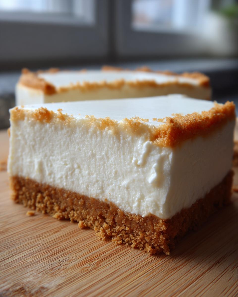 Close-up of a thick slice of creamy cheesecake recipe with a crumbly graham cracker crust.