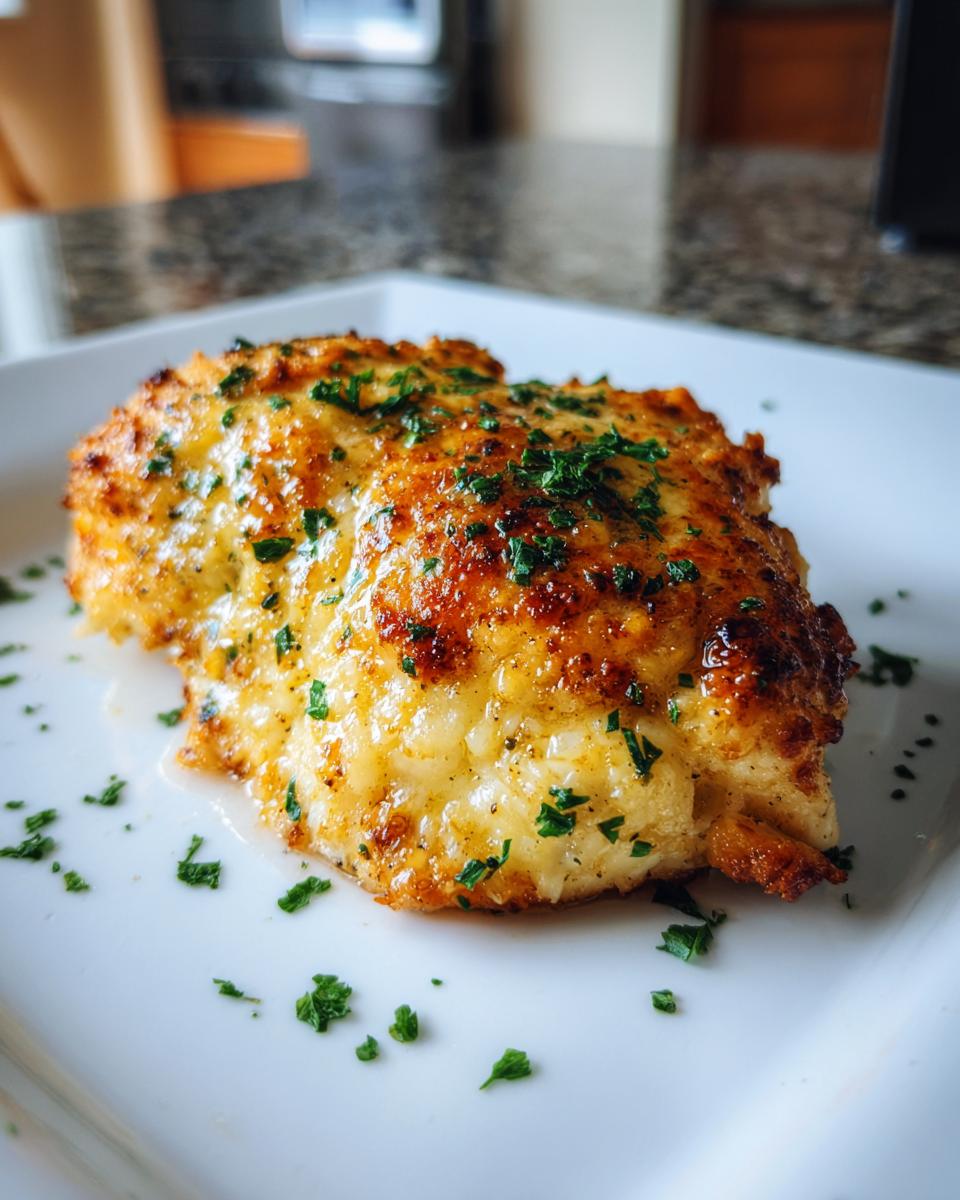 Close-up of a golden brown baked chicken breast topped with melted cheese and fresh parsley.