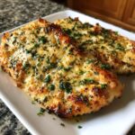 Two golden brown baked chicken breast fillets topped with melted cheese and fresh parsley.