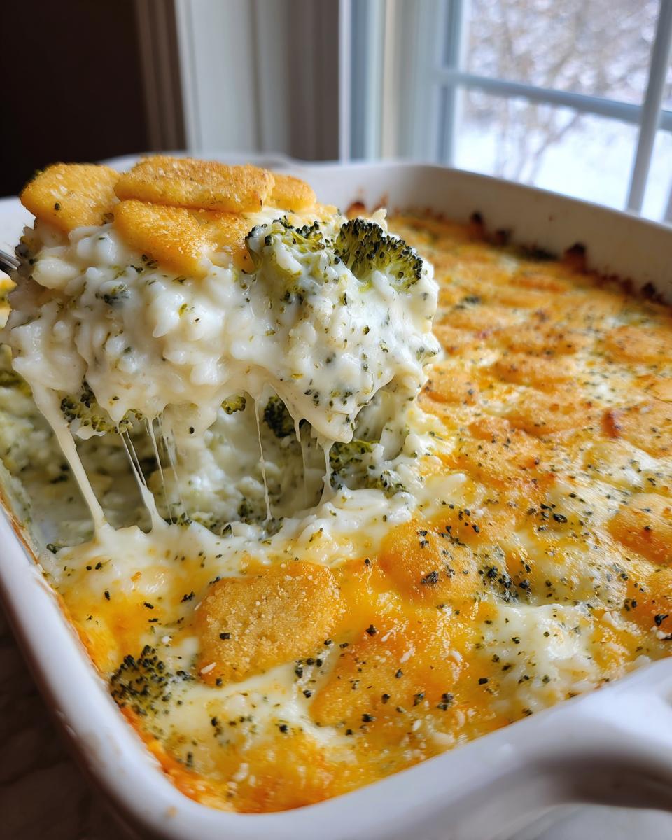 A spoonful of creamy, cheesy broccoli rice casserole being lifted from a white baking dish, showing a dramatic cheese pull.