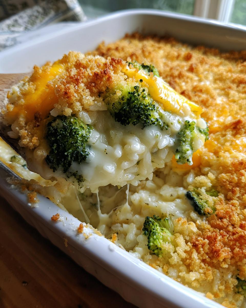 A spoonful of creamy, cheesy broccoli rice being lifted from a white baking dish, showing melted cheese strings.
