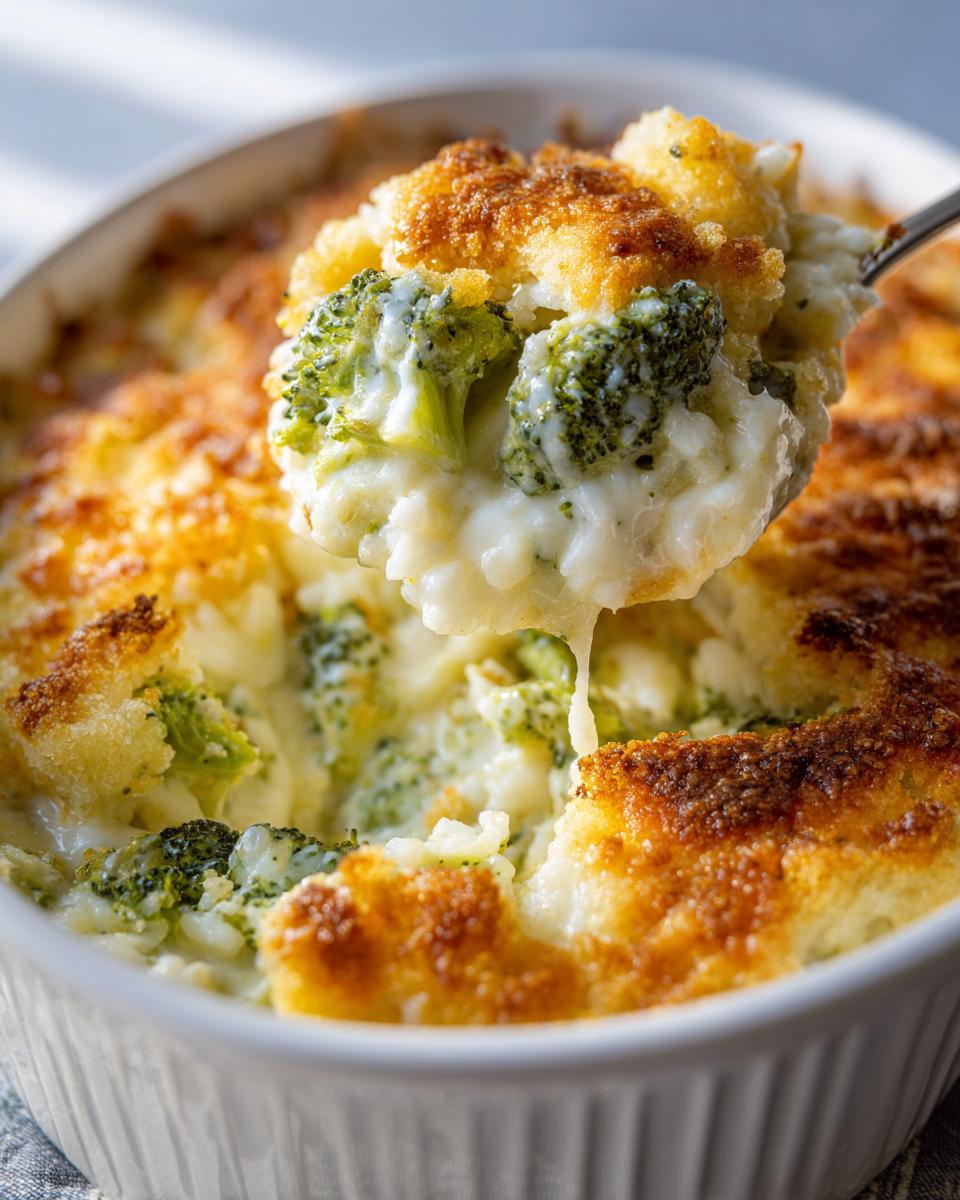 A spoonful of creamy, cheesy broccoli rice being lifted from a baked casserole dish showing a golden crust.