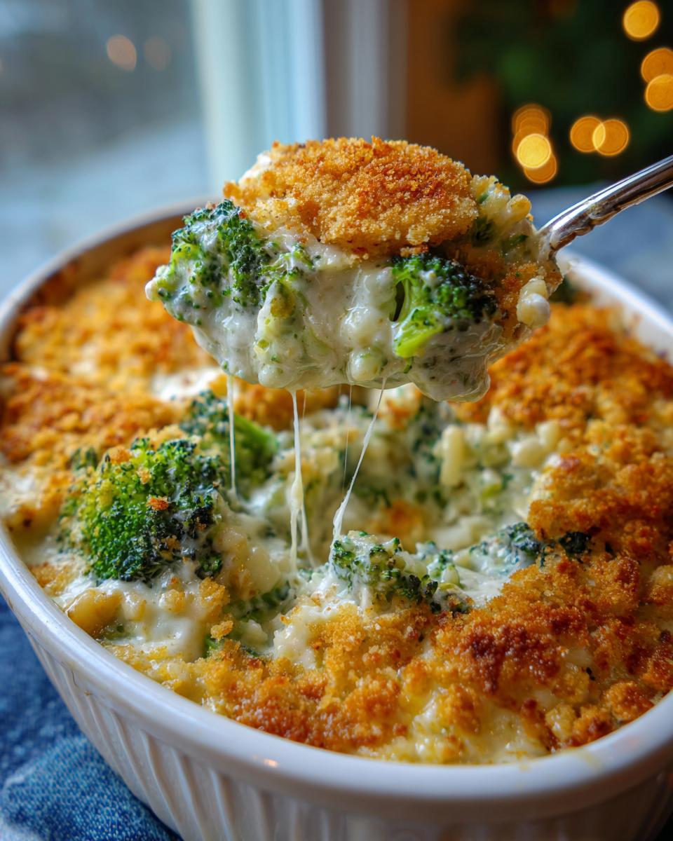 A spoonful of cheesy broccoli rice casserole being lifted from a white baking dish, showing melted cheese strings.