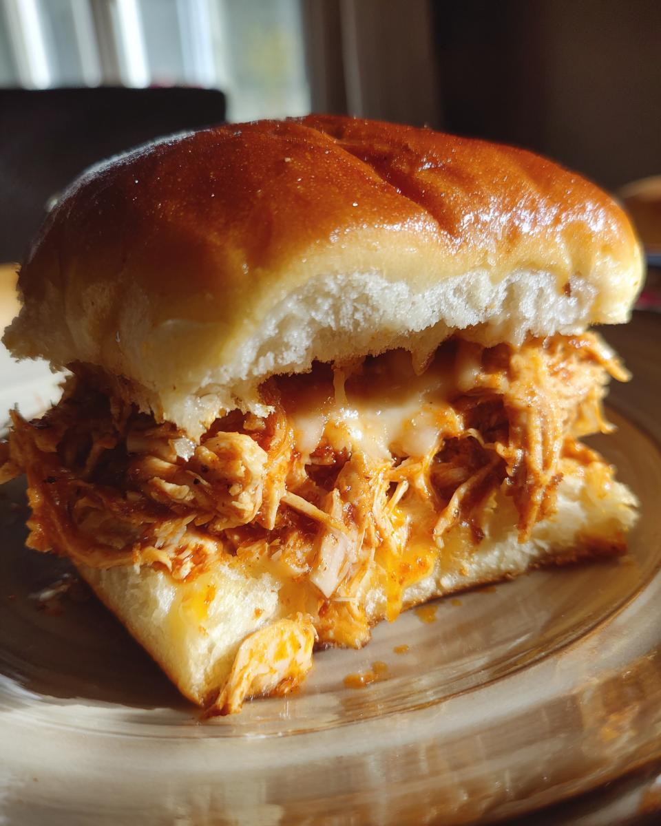 A close-up shot of a single, cheesy buffalo chicken sliders sandwich on a plate, featuring shredded chicken and melted cheese.