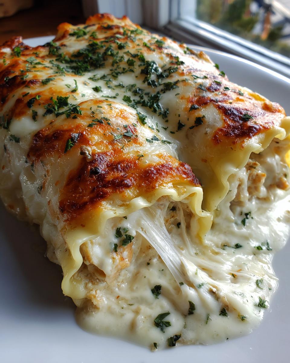 A close-up of a serving of chicken alfredo lasagna showing melted, browned cheese and a dramatic cheese pull.