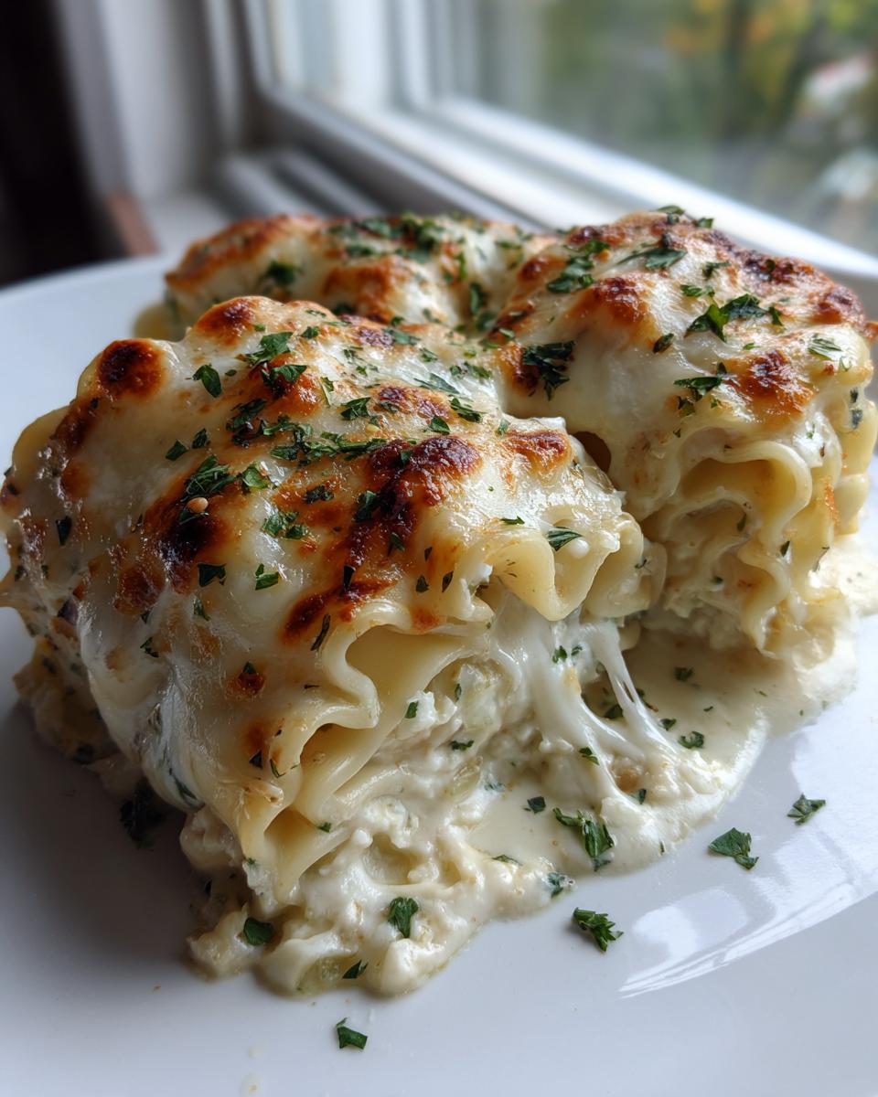 Close-up of cheesy chicken alfredo lasagna rolls with browned cheese and fresh parsley.