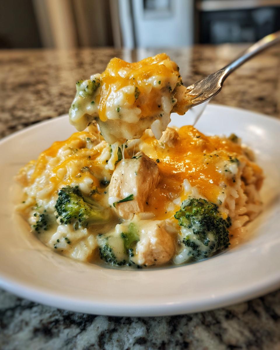 A fork lifts a cheesy scoop of creamy chicken broccoli rice casserole from a white bowl.