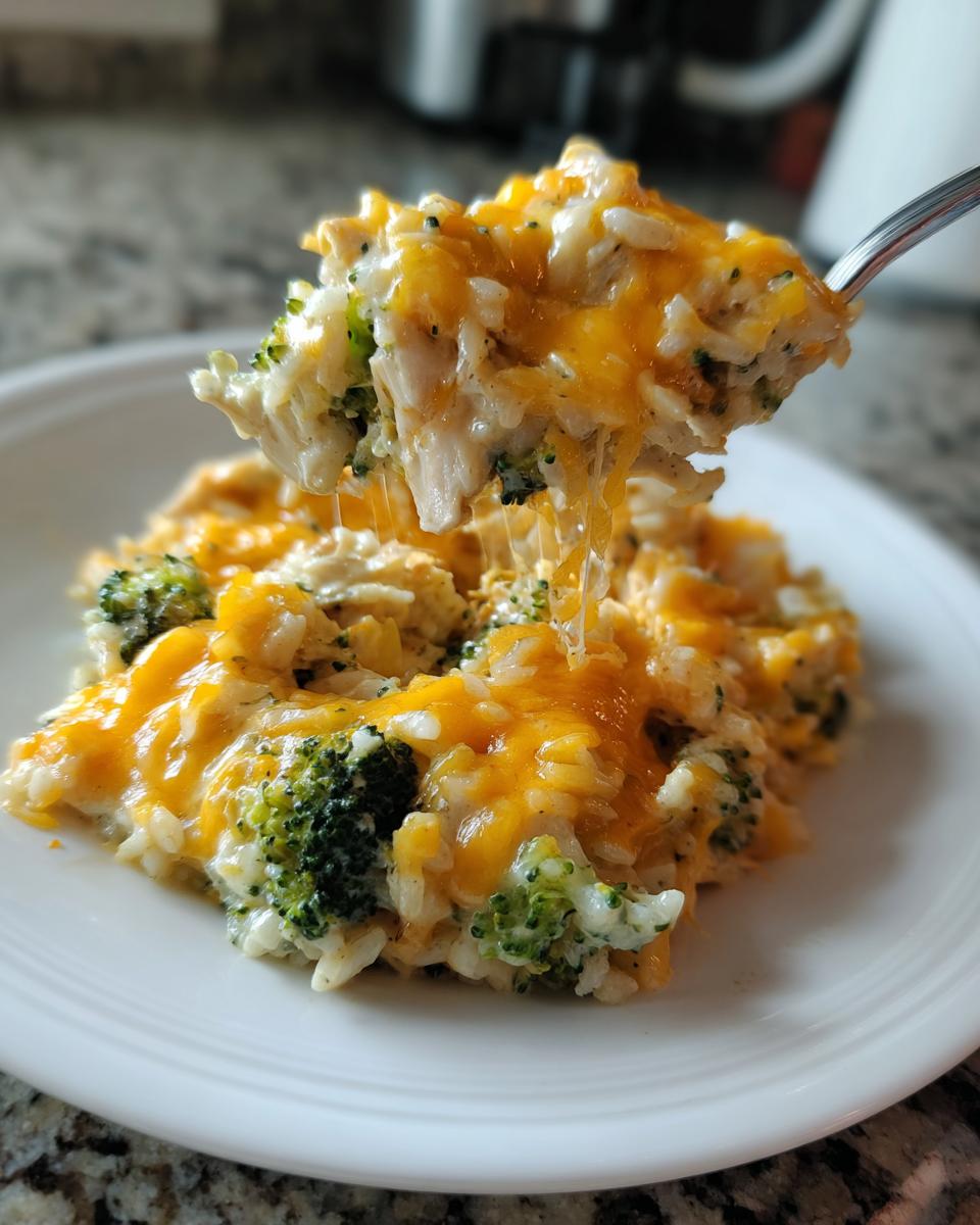 A fork lifts a cheesy, creamy portion of chicken broccoli rice casserole, showing melted cheddar cheese.