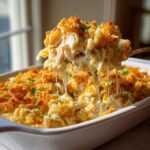 A spoonful of creamy chicken noodle casserole showing long cheese pulls, topped with golden breadcrumbs.
