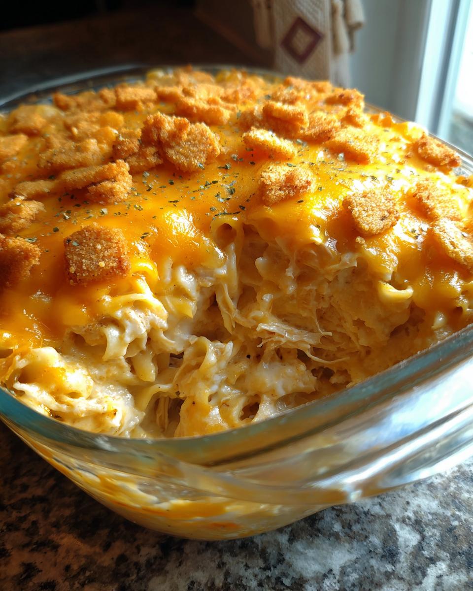 Melted cheddar cheese and crunchy croutons top a creamy chicken noodle casserole in a glass dish.