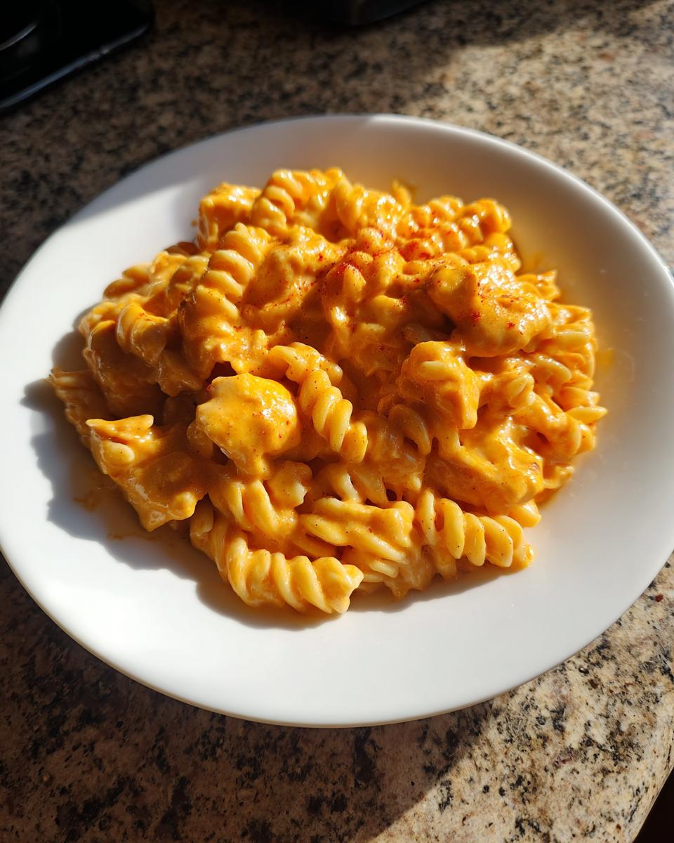 A close-up of cheesy chicken pasta made with rotini noodles, served in a white bowl.