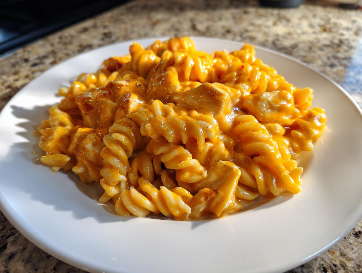 A serving of creamy, orange-sauced cheesy chicken pasta made with rotini noodles on a white plate.