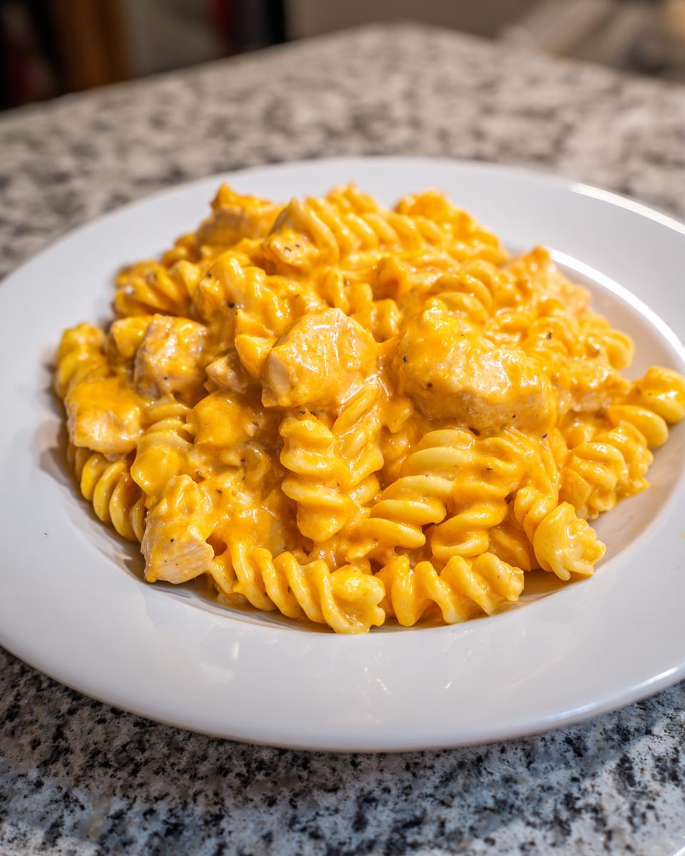 A white plate piled high with creamy, orange cheesy chicken pasta made with rotini noodles.