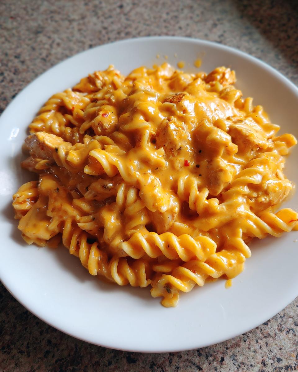 A close-up of cheesy chicken pasta made with rotini noodles, covered in a rich orange cheese sauce.