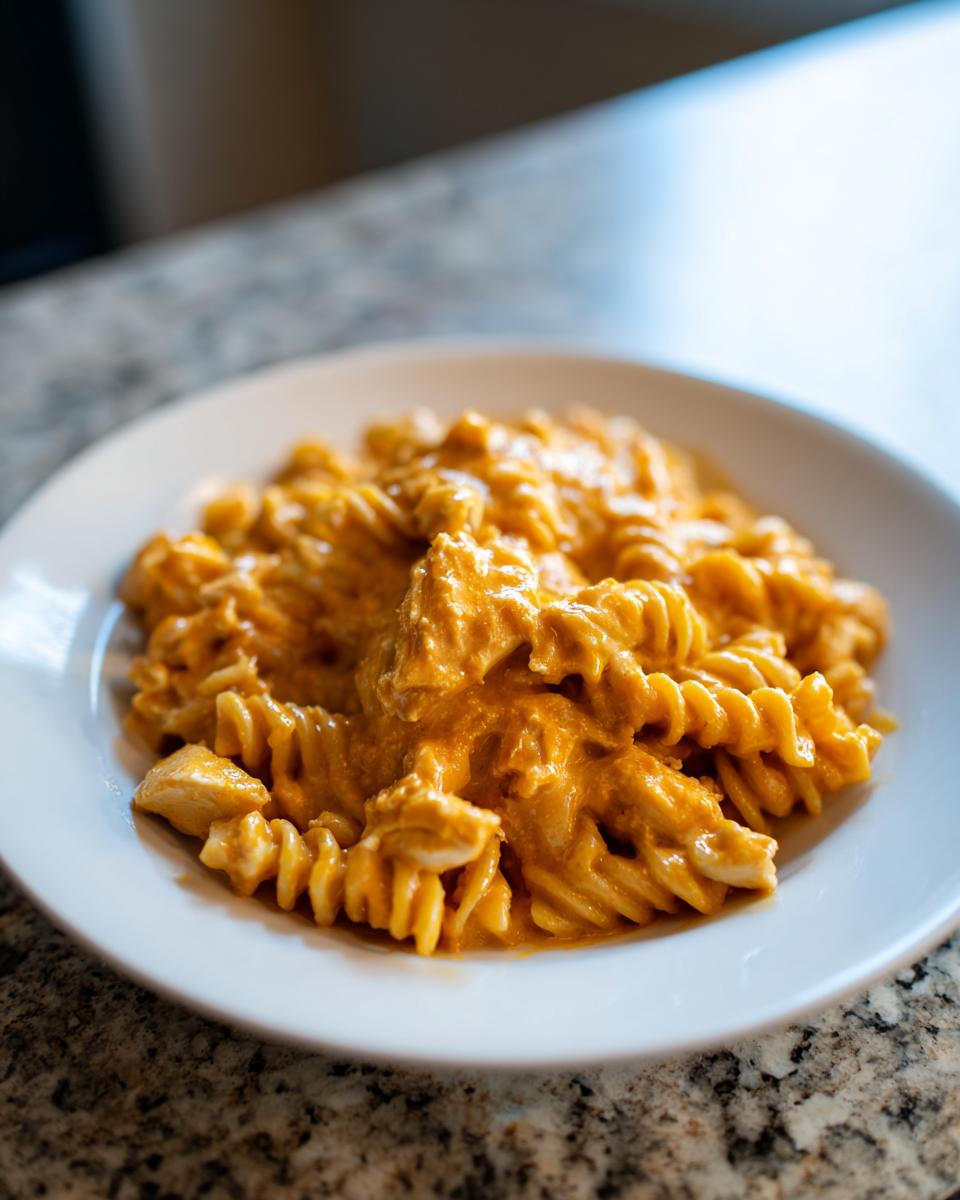 A close-up shot of cheesy chicken pasta made with fusilli noodles, coated in a rich orange sauce, served on a white plate.