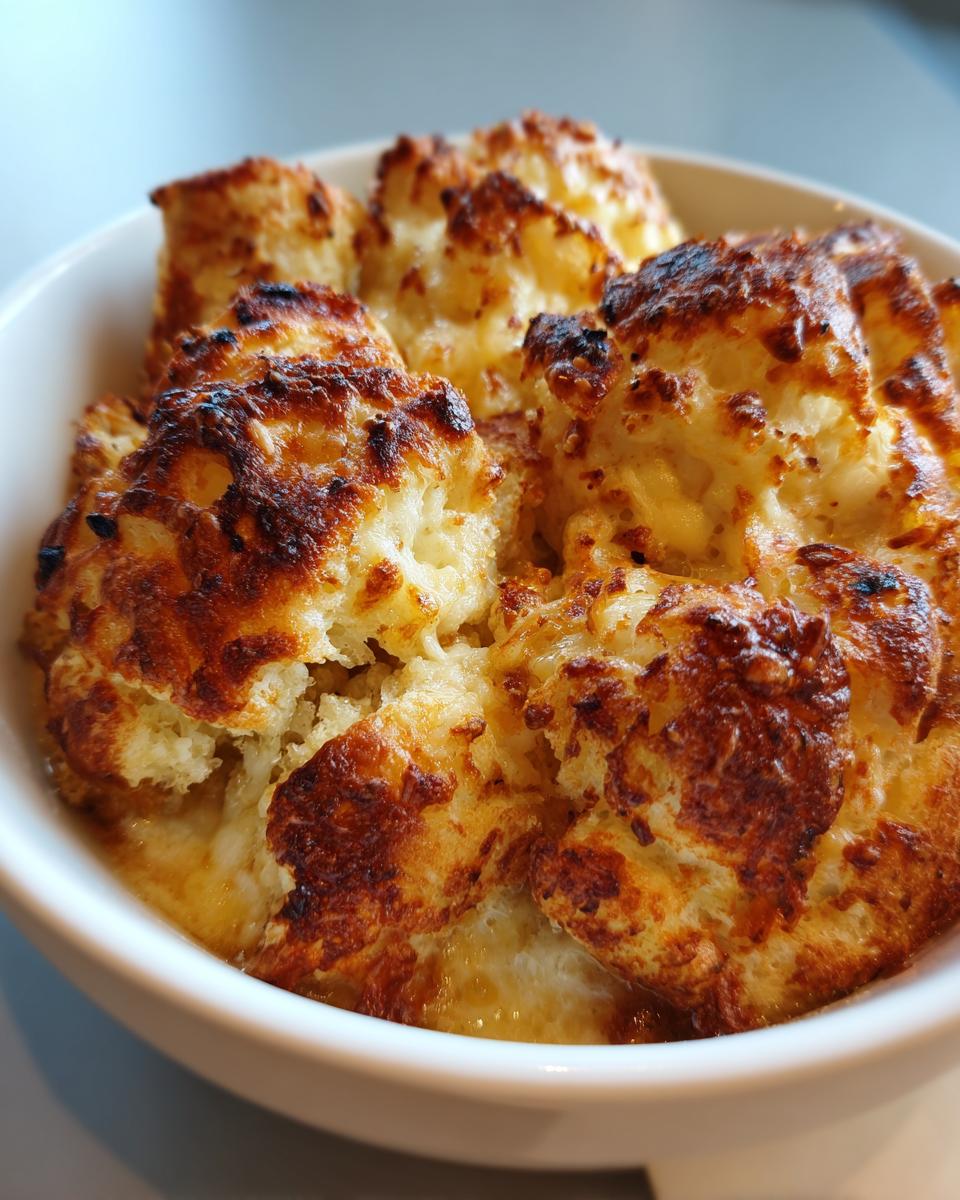 Close-up of cheesy, browned croutons floating on top of a rich garlic soup.